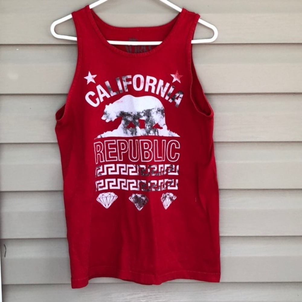 Vibes men’s sleeveless red,gray&white tee shirt
